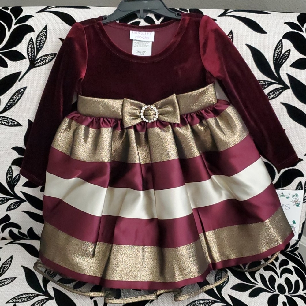 Dark maroon, gold, and cream dress. Size 18 months